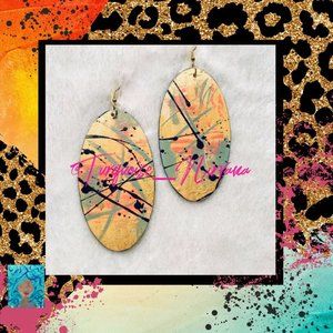 M-156: Mustard Sage Coral Gold Abstract Oval Earrings